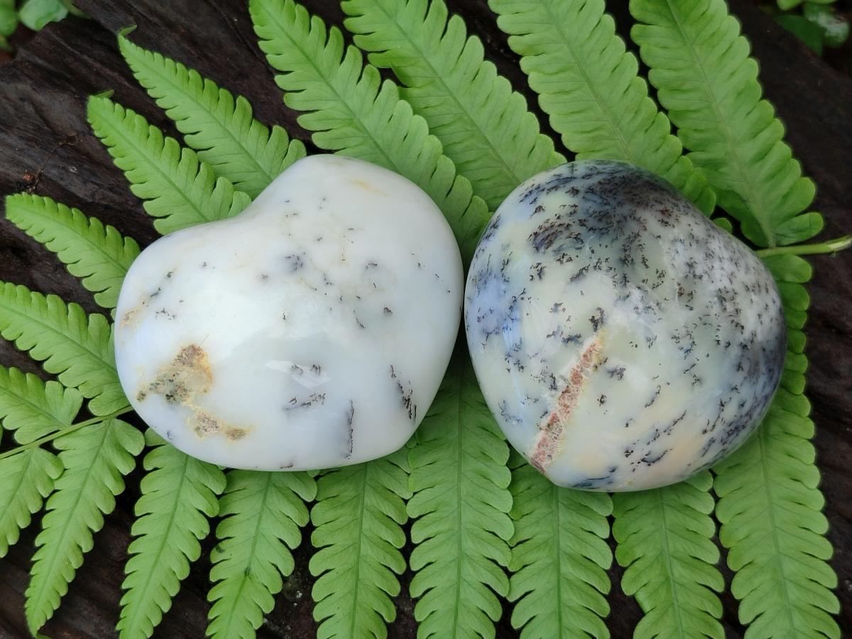Polished White Dendritic Opal Hearts x 12 From Moralambo, Madagascar - Toprock Gemstones and Minerals 