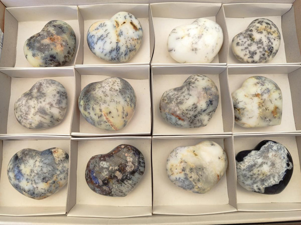 Polished White Dendritic Opal Hearts x 12 From Moralambo, Madagascar - Toprock Gemstones and Minerals 