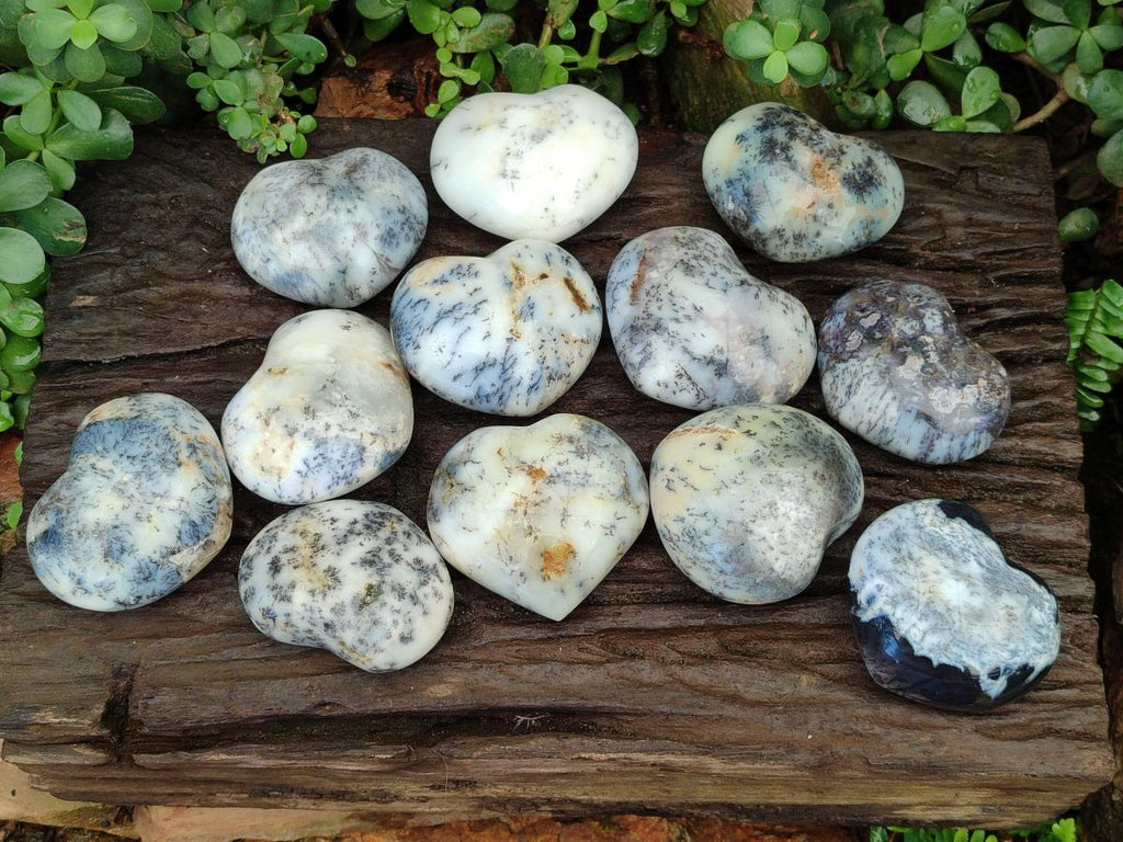 Polished White Dendritic Opal Hearts x 12 From Moralambo, Madagascar - Toprock Gemstones and Minerals 