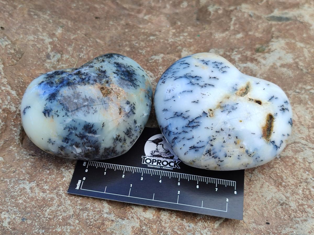 Polished White Dendritic Opal Hearts x 12 From Moralambo, Madagascar - Toprock Gemstones and Minerals 