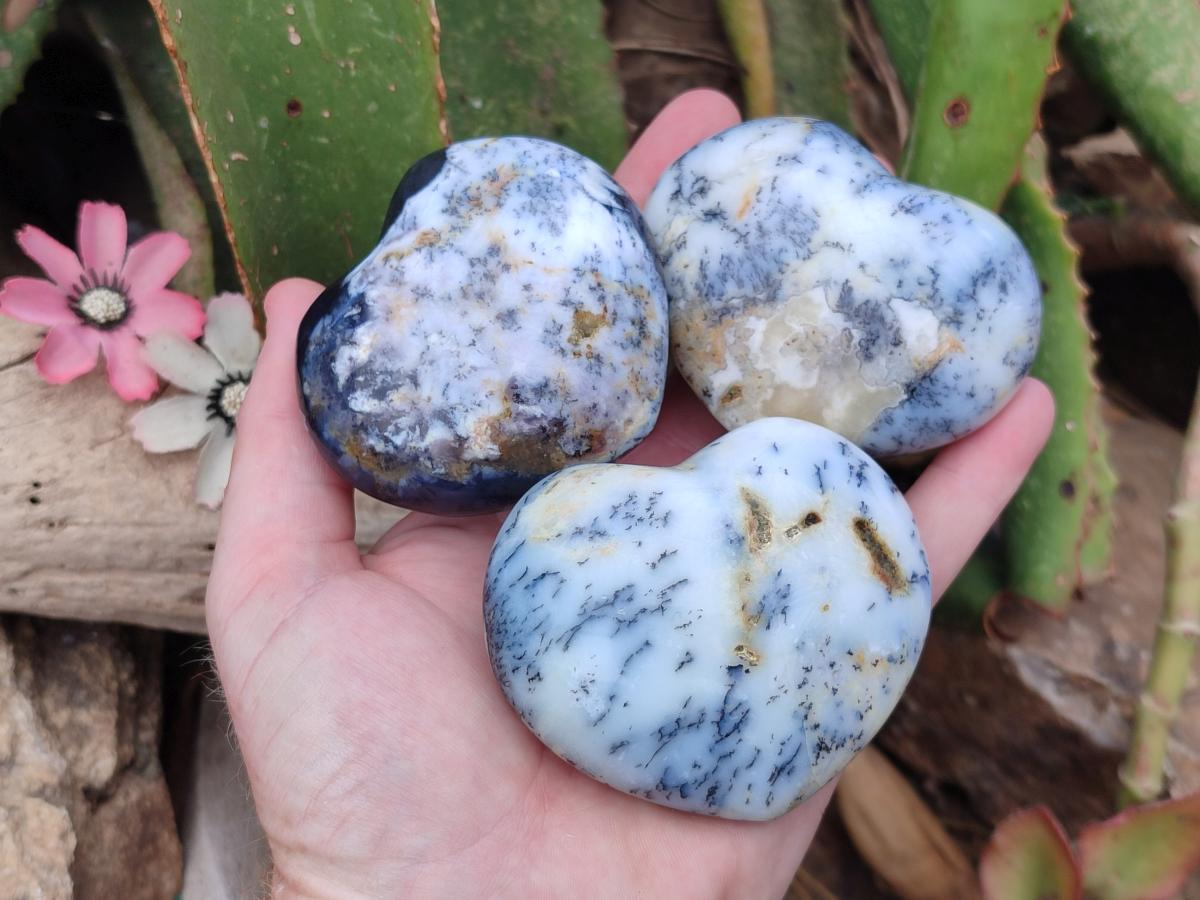 Polished White Dendritic Opal Hearts x 12 From Moralambo, Madagascar - Toprock Gemstones and Minerals 