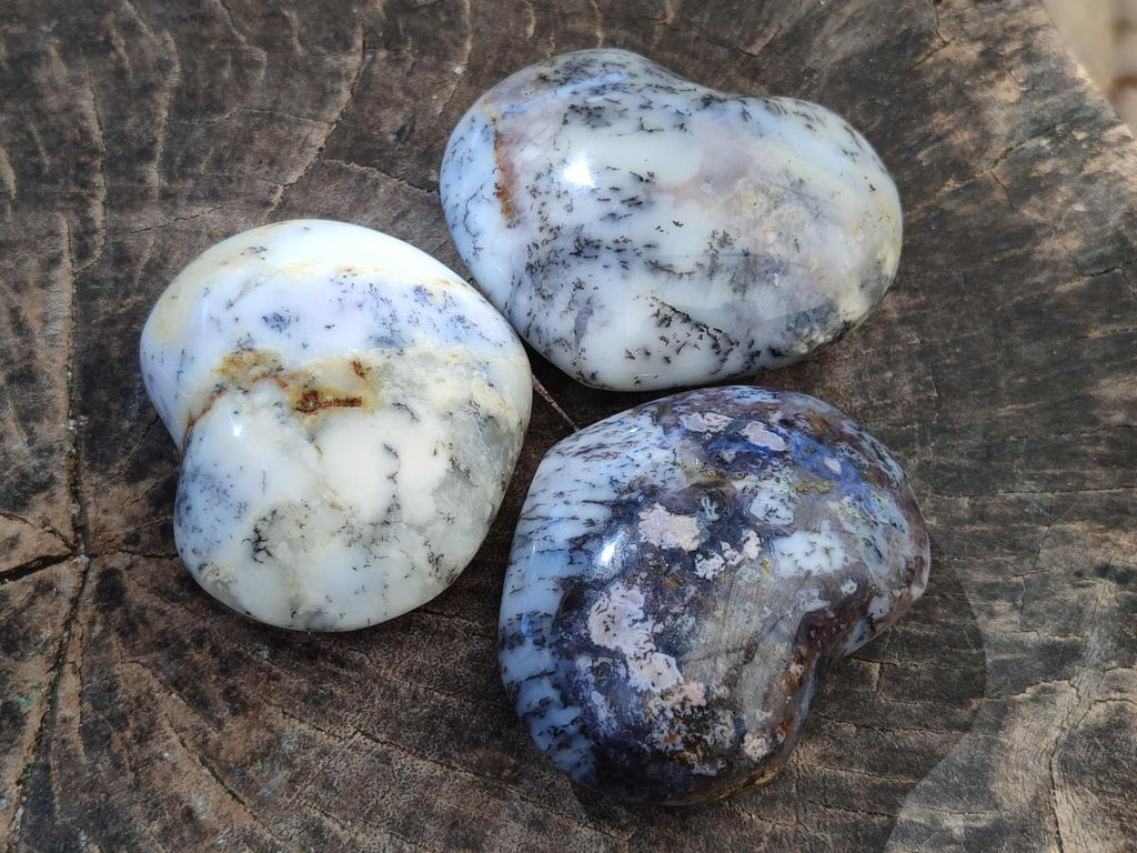 Polished White Dendritic Opal Hearts x 12 From Moralambo, Madagascar - Toprock Gemstones and Minerals 