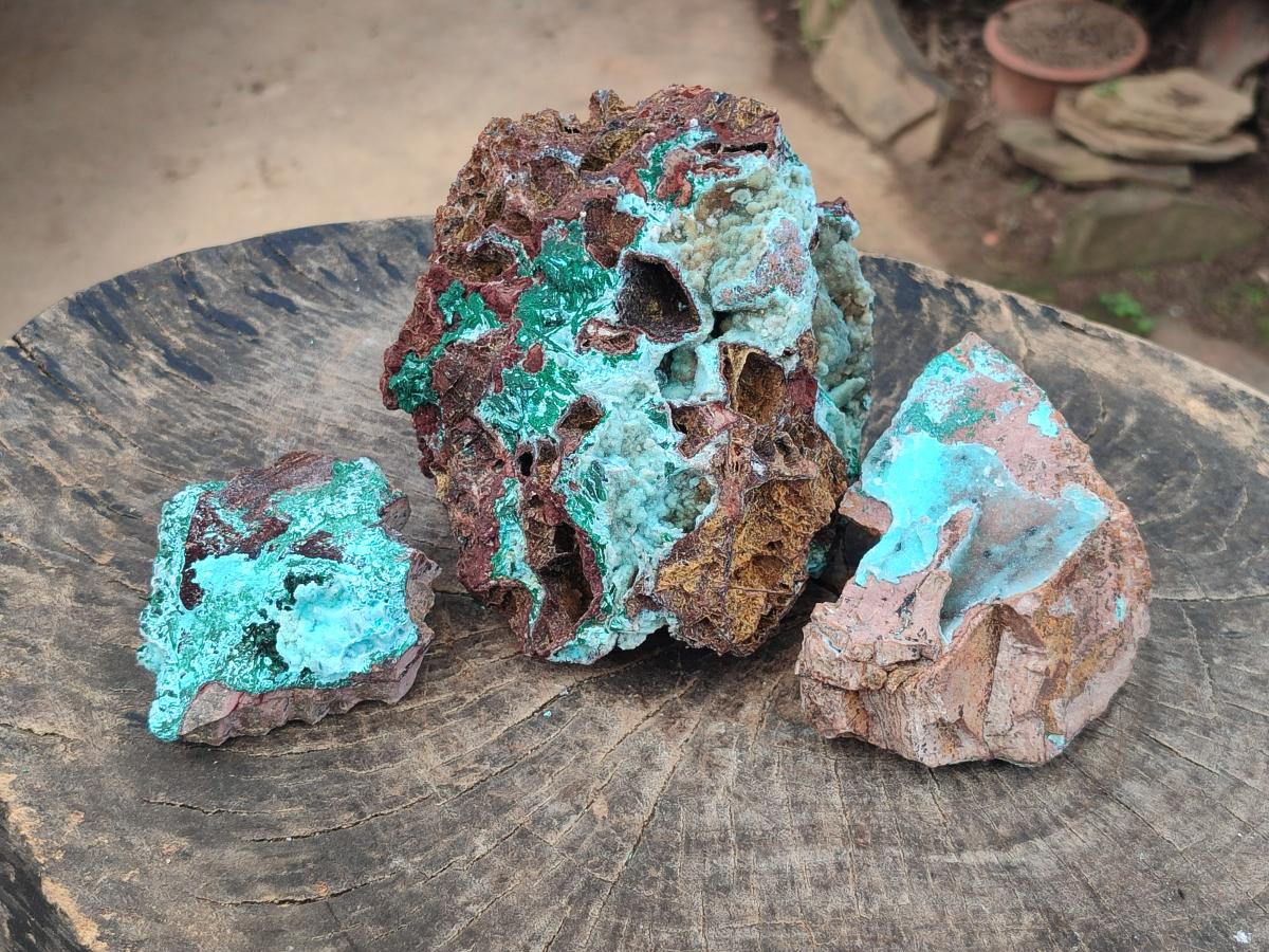 Natural Drusy Coated Chrysocolla with Malachite Pseudomorph Specimens x 3 From Lupoto Mine, Congo - Toprock Gemstones and Minerals 