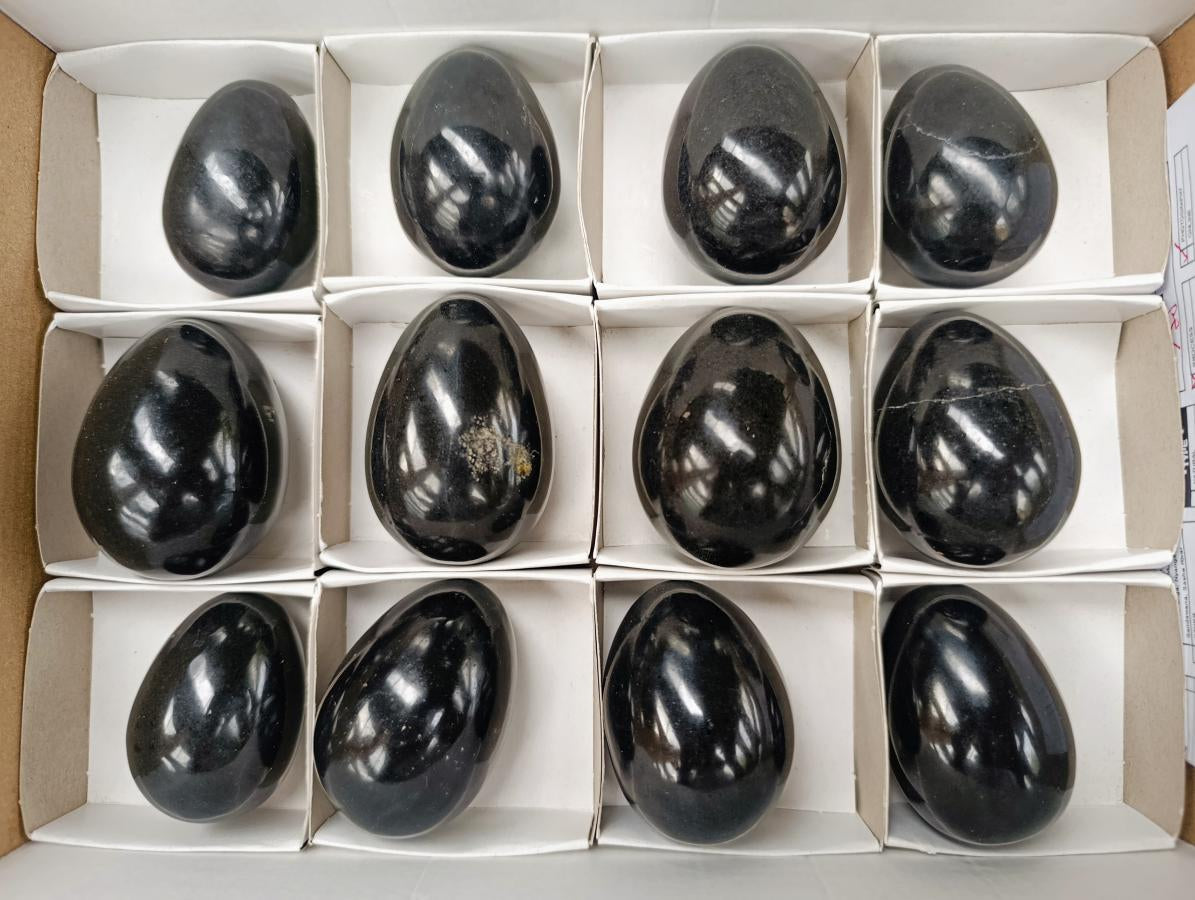 Polished Black Basalt Eggs x 12 From Madagascar - Toprock Gemstones and Minerals 