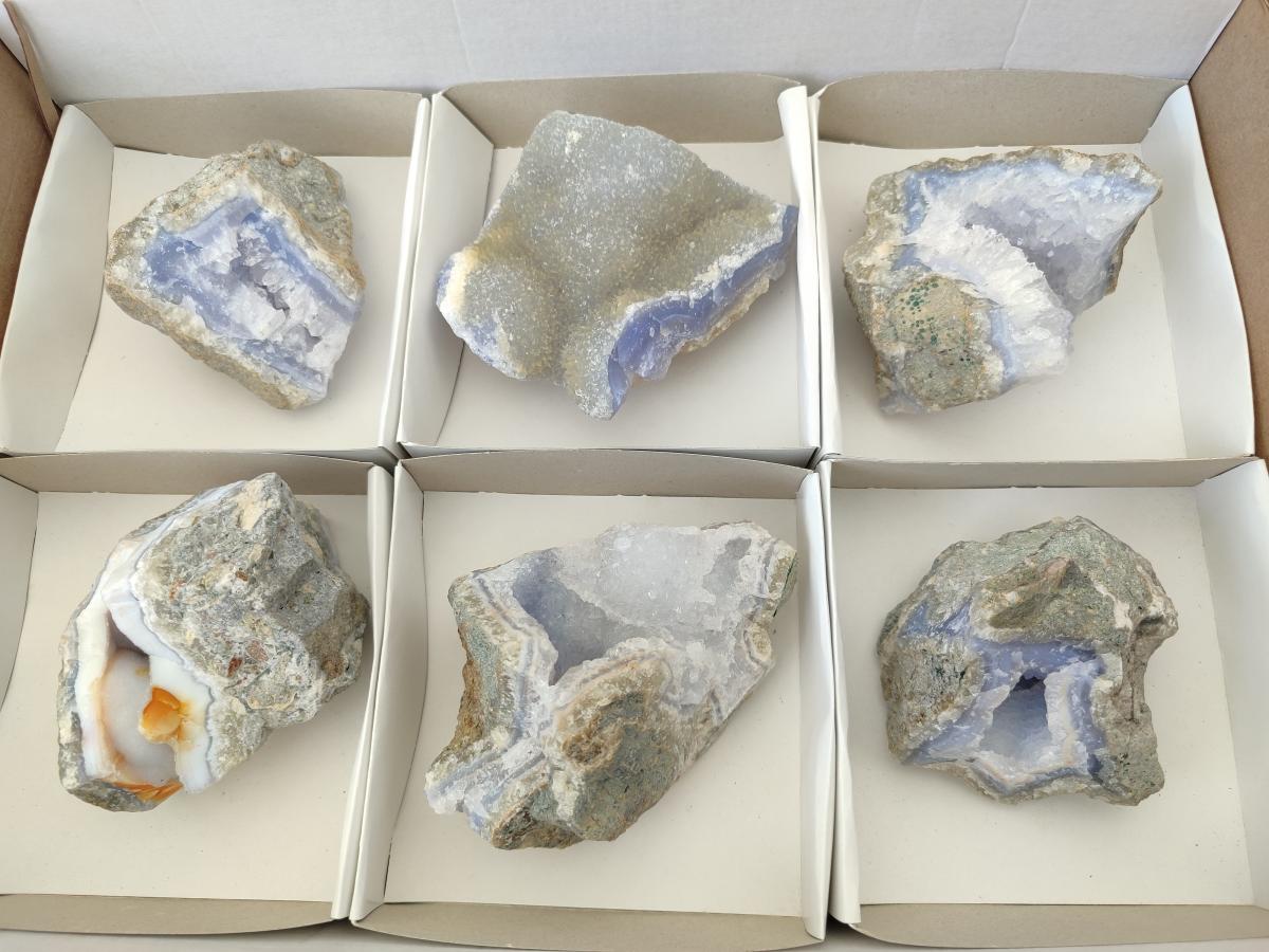 Natural Blue Lace Agate Geode and Cluster Specimens x 6 From Nsanje, Malawi