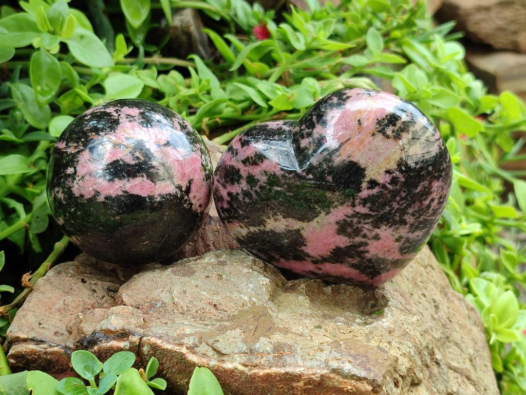Polished Mixed Rhodonite Gemstone Spheres and Heart x 4 From Ambindavato, Madagascar