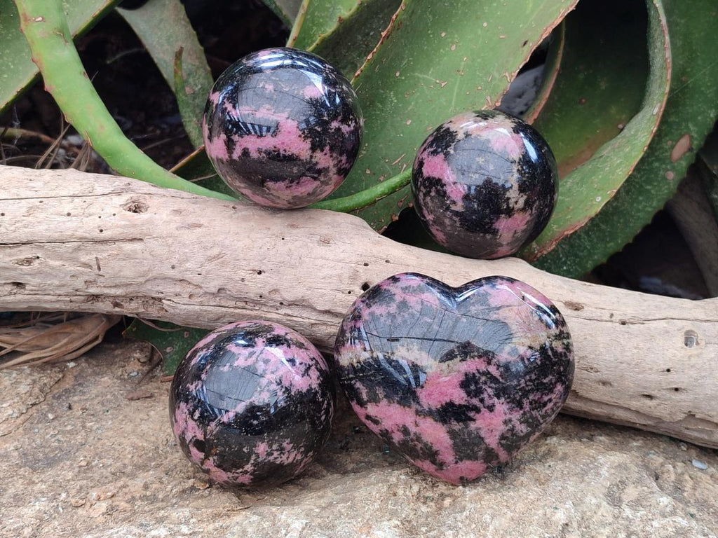 Polished Mixed Rhodonite Gemstone Spheres and Heart x 4 From Ambindavato, Madagascar