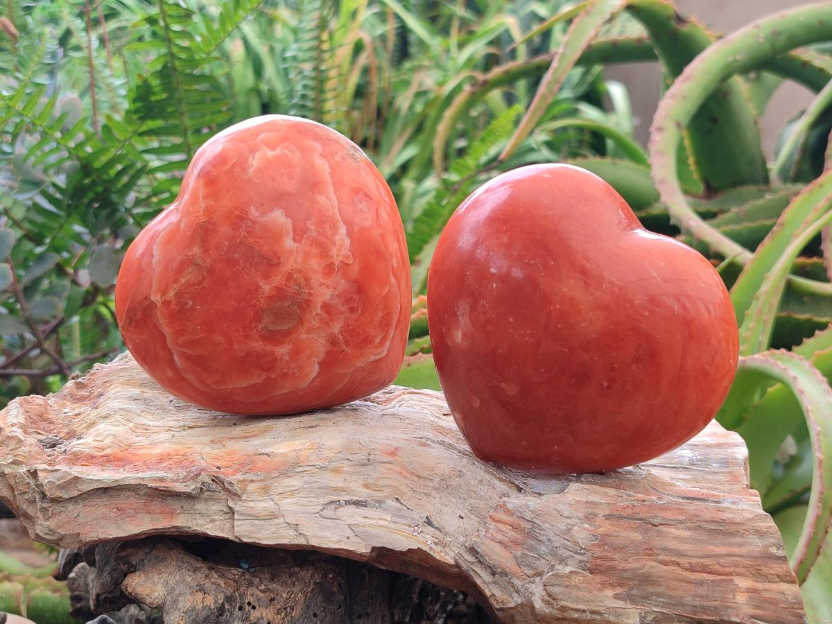 Polished Dark Orange Calcite Hearts x 2 From Madagascar