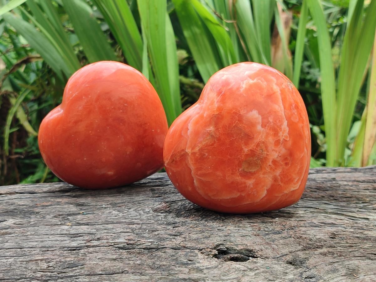 Polished Dark Orange Calcite Hearts x 2 From Madagascar