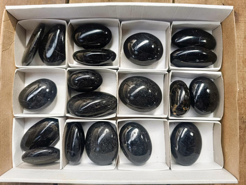 Polished Black Tourmaline Galets x 19 From Madagascar - Toprock Gemstones and Minerals 