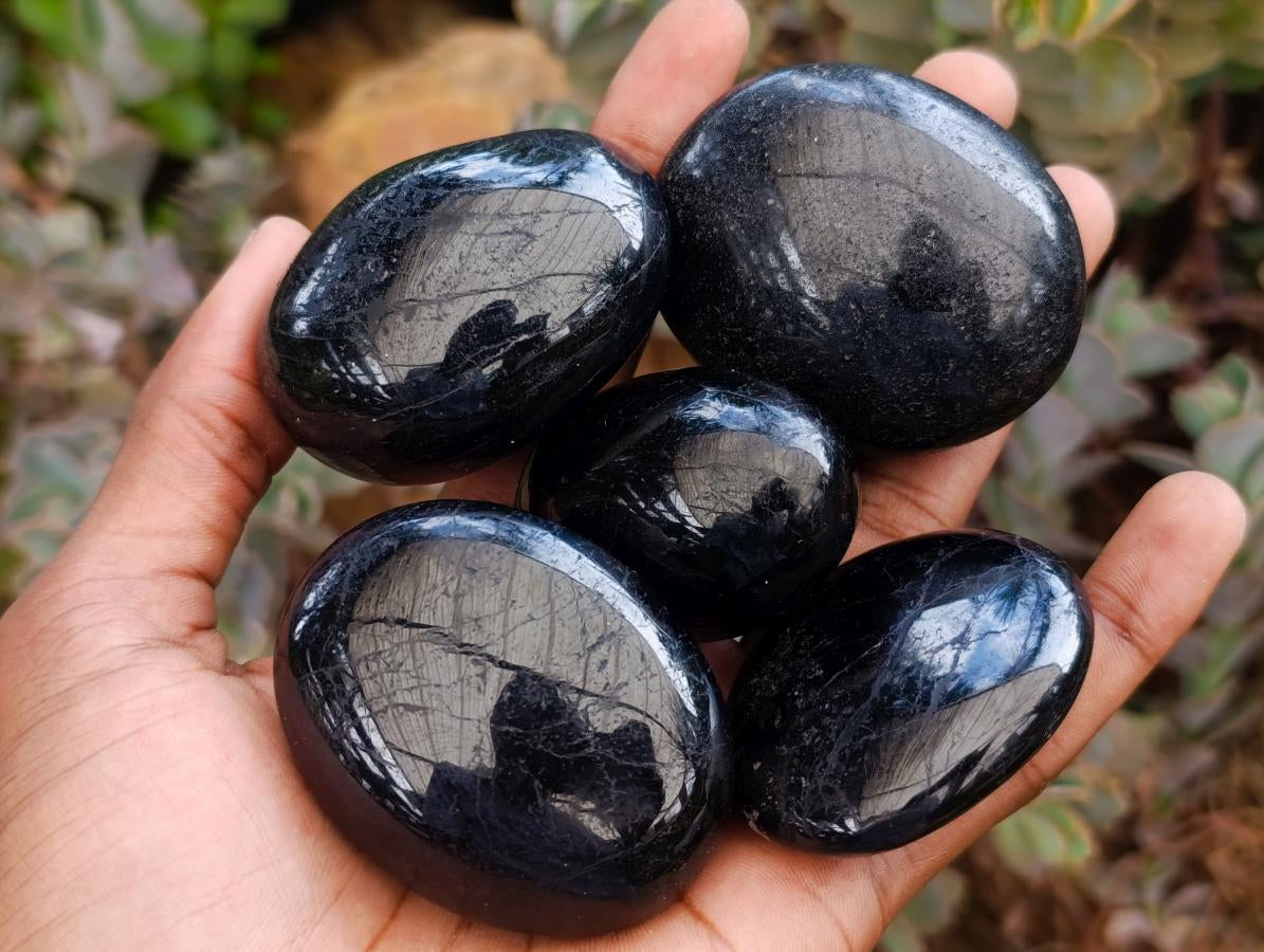 Polished Black Tourmaline Galets x 19 From Madagascar - Toprock Gemstones and Minerals 