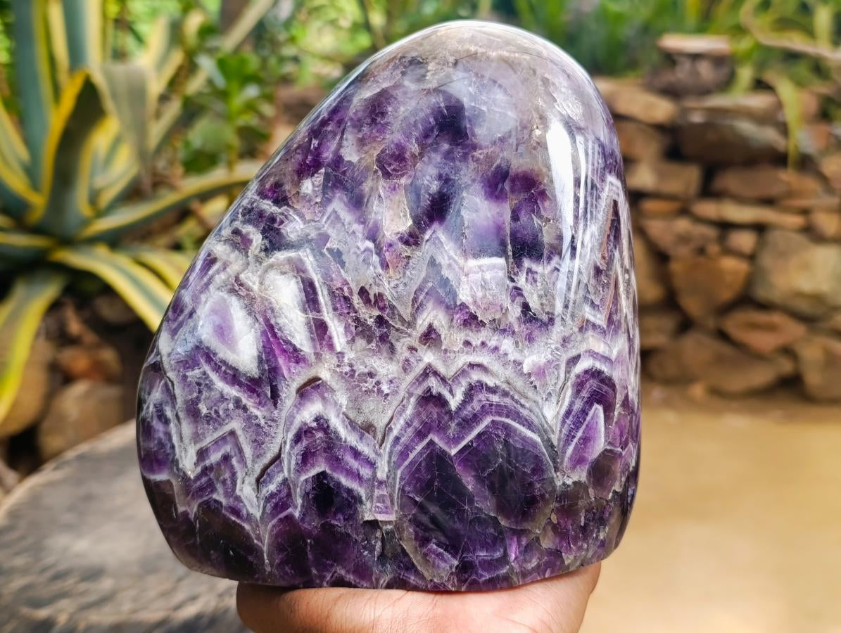 Polished Large Dark Purple Chevron Amethyst Standing Free Form x 1 From Zambia - Toprock Gemstones and Minerals 