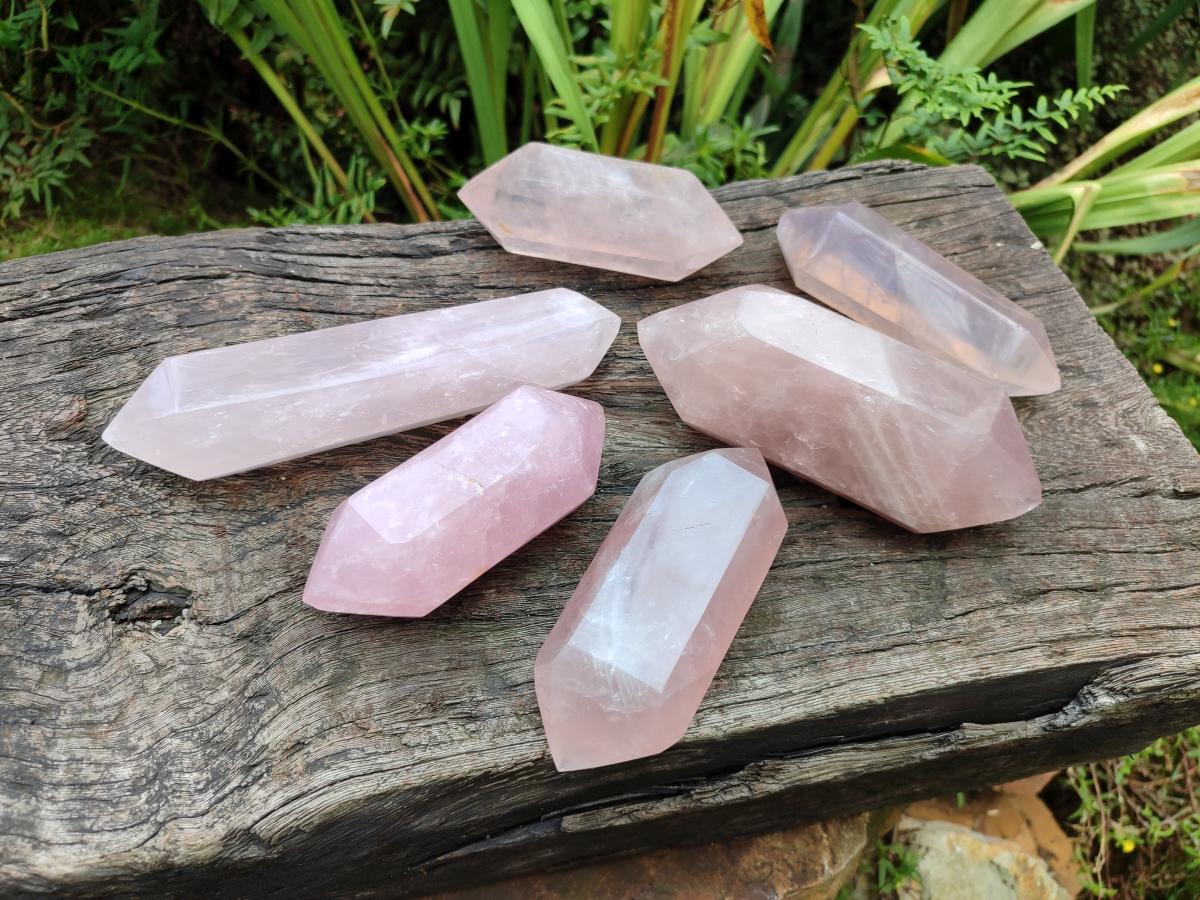 Polished Large Double Terminated Gemmy Rose Quartz Crystals x 6 From Madagascar - Toprock Gemstones and Minerals 