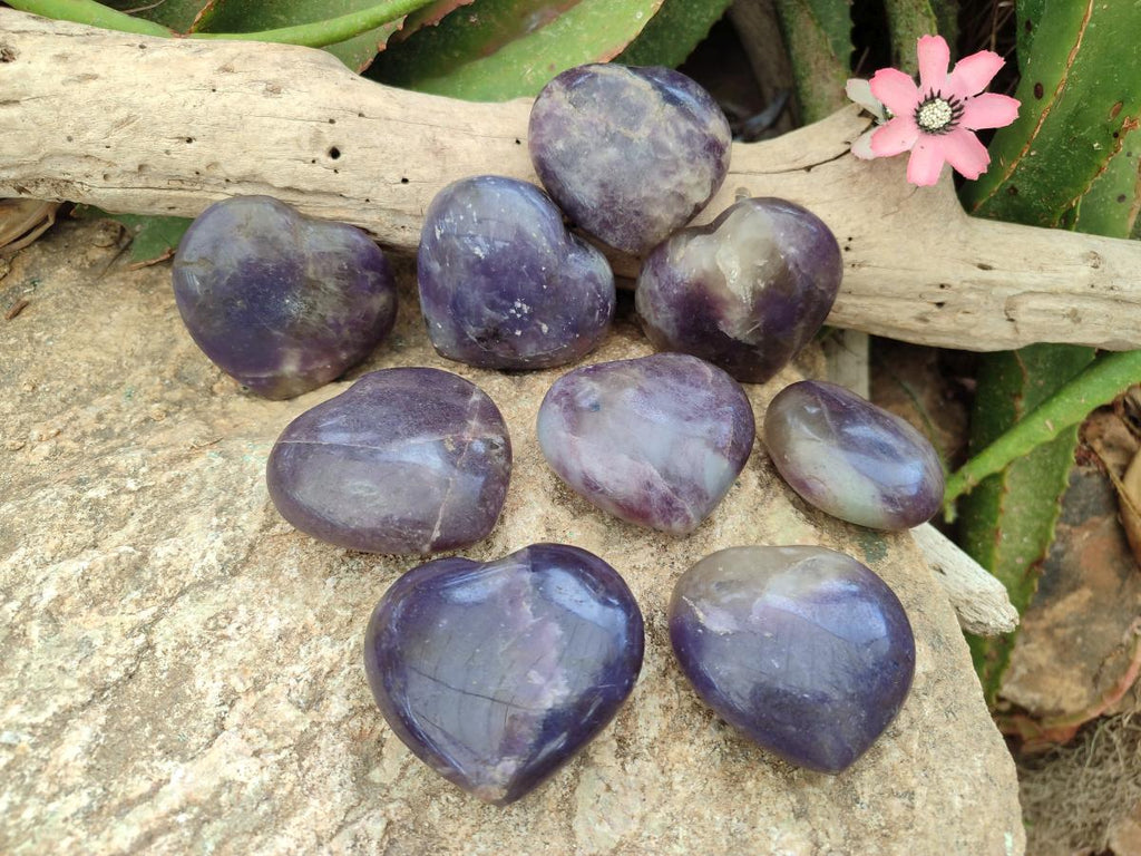 Polished Large Lepidolite and Smokey Quartz Hearts x 12 From Ambatondrazaka, Madagascar - Toprock Gemstones and Minerals 