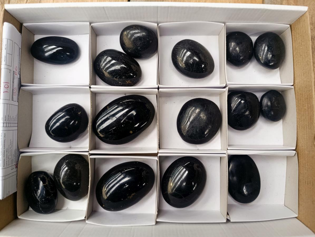 Polished Black Tourmaline Galets x 16 From Madagascar - Toprock Gemstones and Minerals 