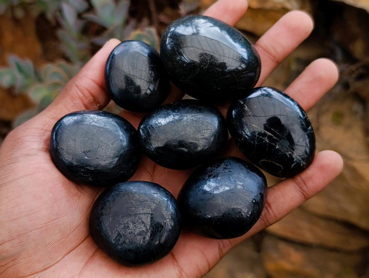 Polished Black Tourmaline Galets x 16 From Madagascar - Toprock Gemstones and Minerals 