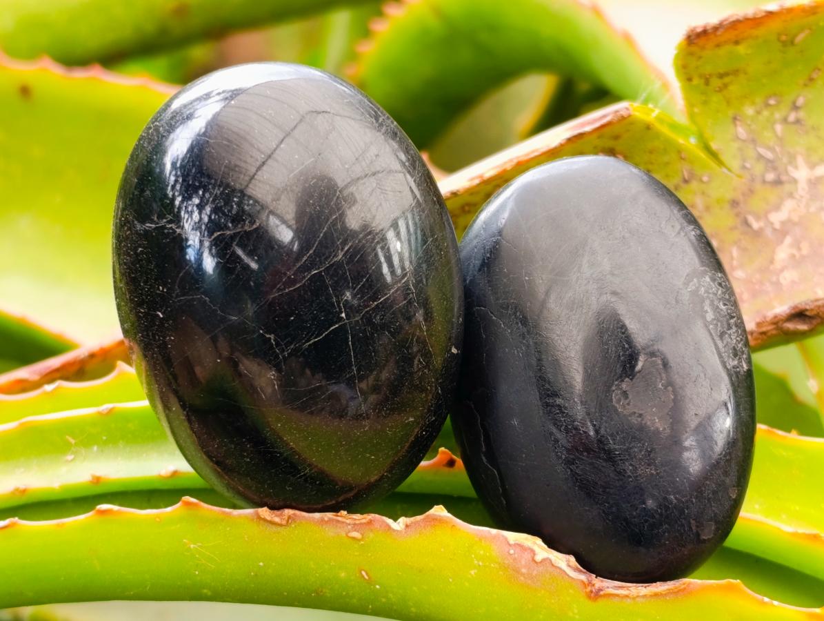 Polished Black Tourmaline Galets x 16 From Madagascar - Toprock Gemstones and Minerals 