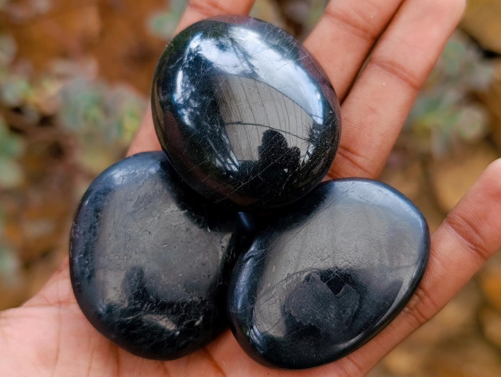 Polished Black Tourmaline Galets x 16 From Madagascar - Toprock Gemstones and Minerals 