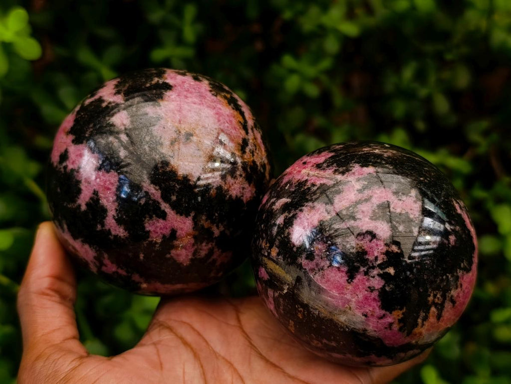 Polished Rhodonite Gemstone Spheres x 2 From Ambindavato, Madagascar - Toprock Gemstones and Minerals 