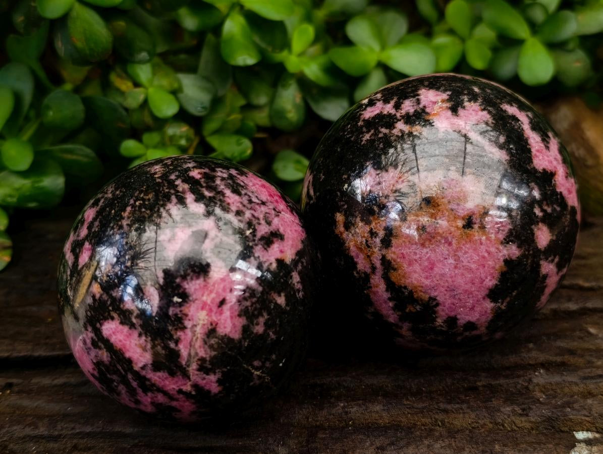 Polished Rhodonite Gemstone Spheres x 2 From Ambindavato, Madagascar - Toprock Gemstones and Minerals 