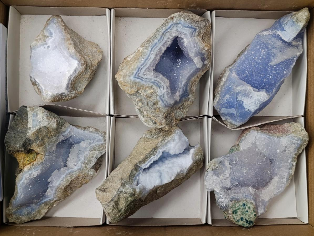 Natural Blue Lace Agate Clusters Specimens x 6 From Nsanje, Malawi - Toprock Gemstones and Minerals 