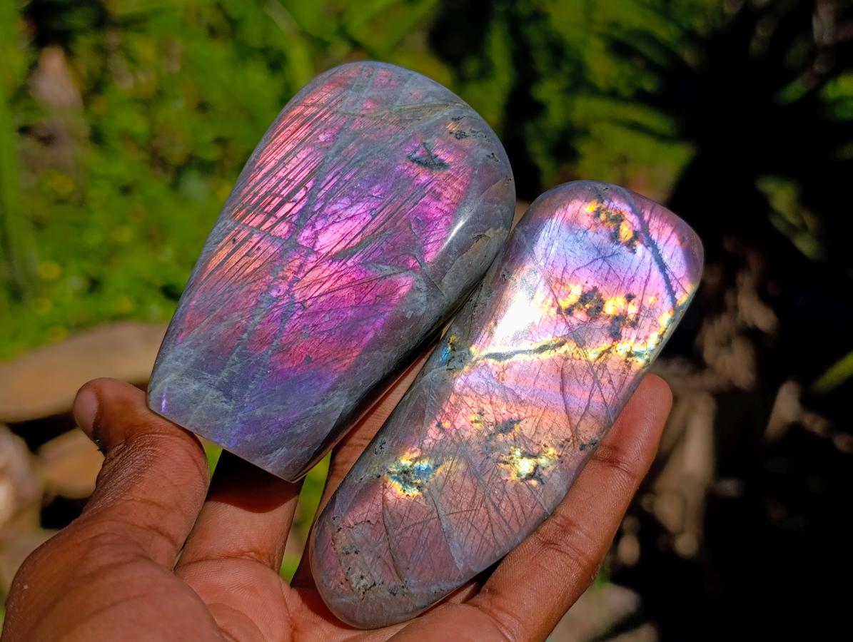 Polished Small Rare Purple Sunset Flash Labradorite Standing Free Forms x 7 From Madagascar - Toprock Gemstones and Minerals 