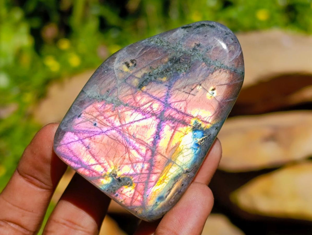 Polished Small Rare Purple Sunset Flash Labradorite Standing Free Forms x 7 From Madagascar - Toprock Gemstones and Minerals 