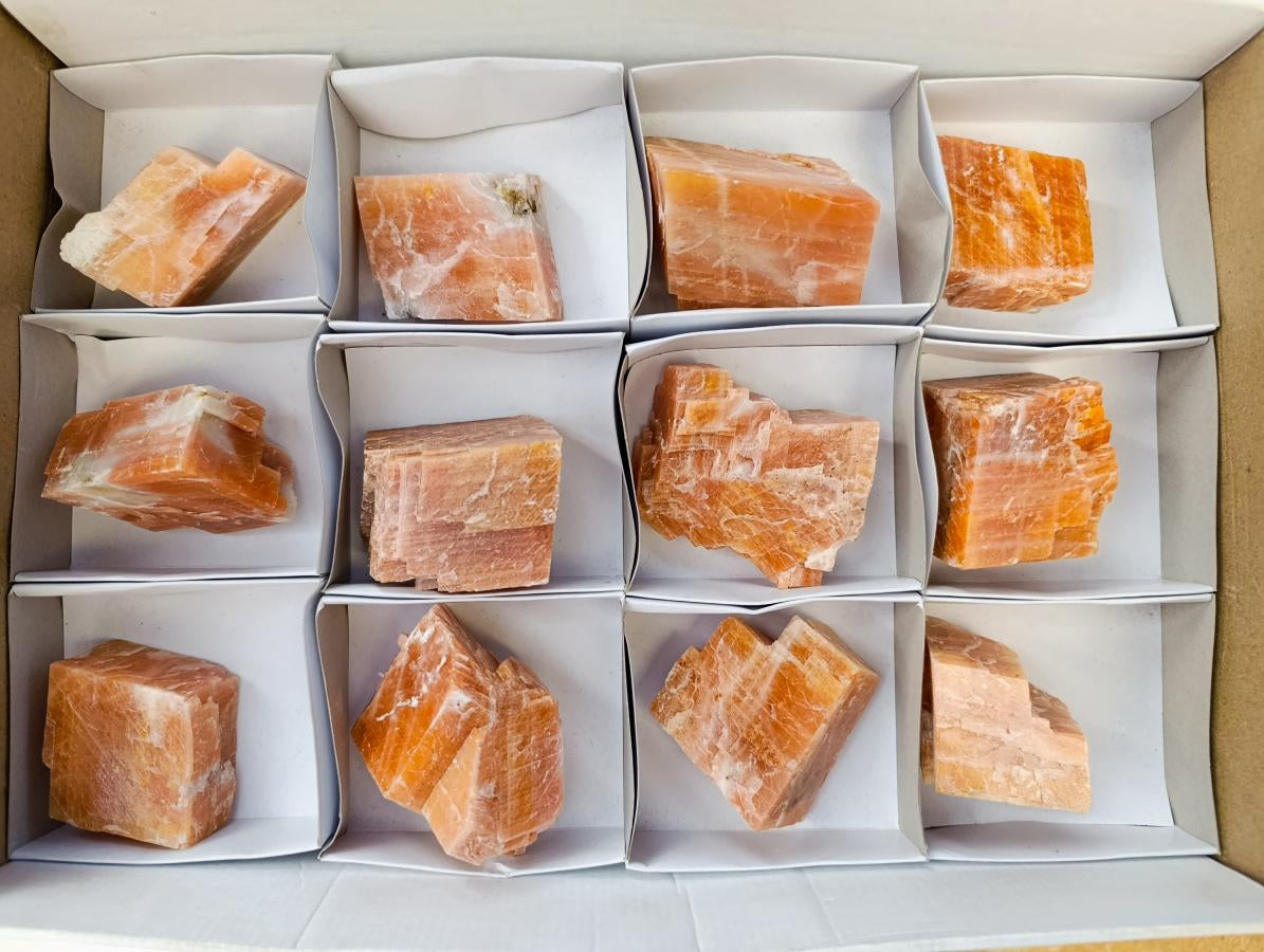 Natural Rhombohedral Sunset Orange Calcite Specimens x 12 From Spitzkop, Namibia - Toprock Gemstones and Minerals 