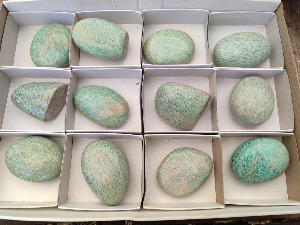 Polished Amazonite Palm Stones and Standing Free Forms x 12 From Zimbabwe - Toprock Gemstones and Minerals 