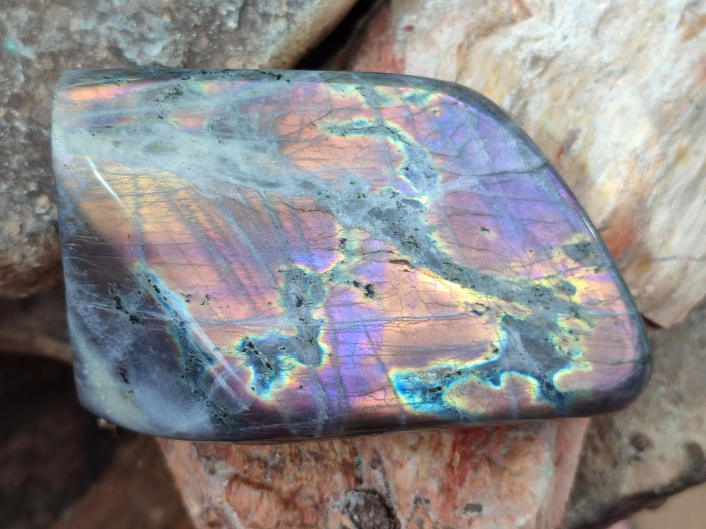 Polished Rare Purple Sunset Flash Labradorite Standing Free Forms x 3 From Madagascar - Toprock Gemstones and Minerals 