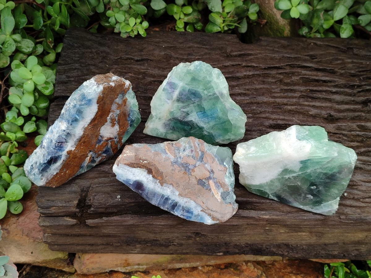 Polished On One Side Watermelon Fluorite Specimens x 4 From Uis, Namibia - Toprock Gemstones and Minerals 