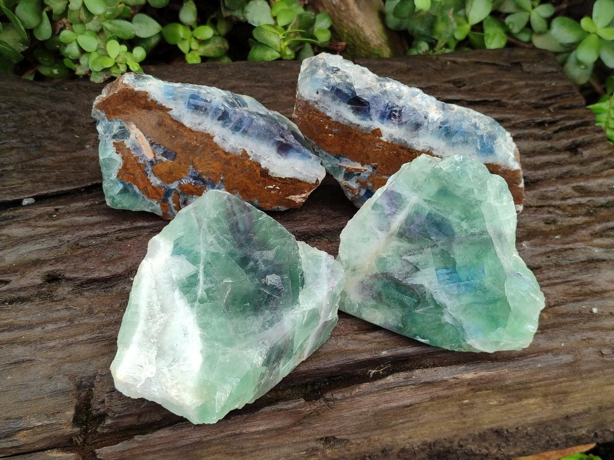 Polished On One Side Watermelon Fluorite Specimens x 4 From Uis, Namibia - Toprock Gemstones and Minerals 