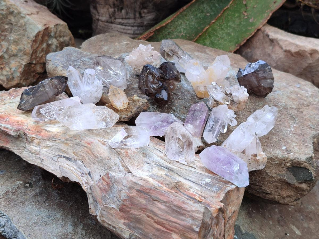 Natural Mix of Smokey, Clear and Amethyst Quartz Crystals x 20 From Brandberg, Namibia - Toprock Gemstones and Minerals 