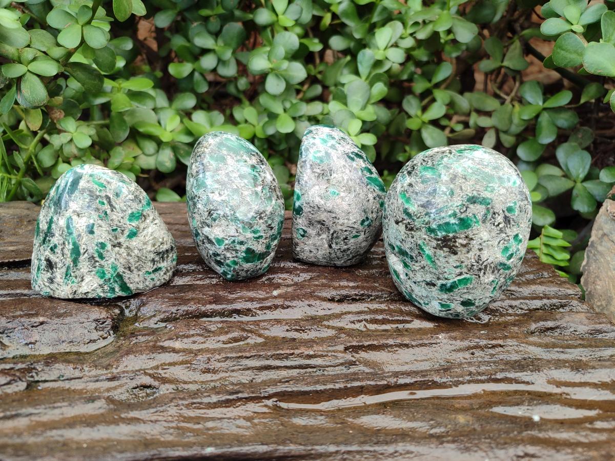 Polished Emerald Mica 'Mutokolite' Standing Free Forms x 4 From Mutoko, Zimbabwe - Toprock Gemstones and Minerals 