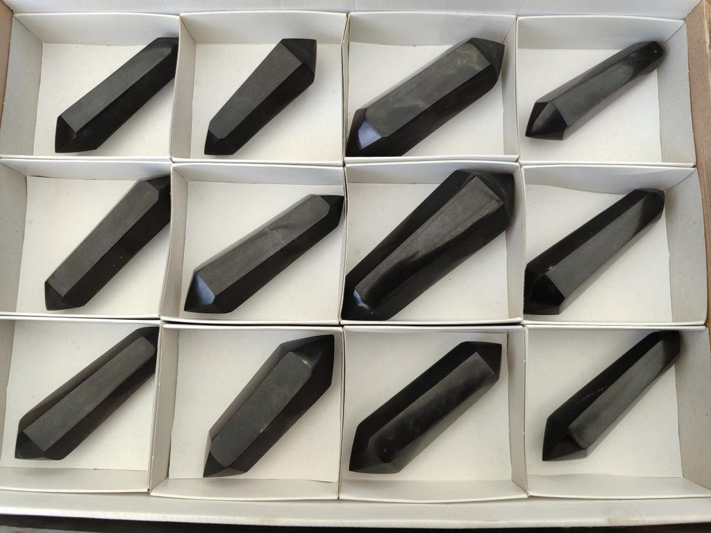 Polished Double Terminated Black Basalt Crystal Points x 12 From Madagascar - Toprock Gemstones and Minerals 