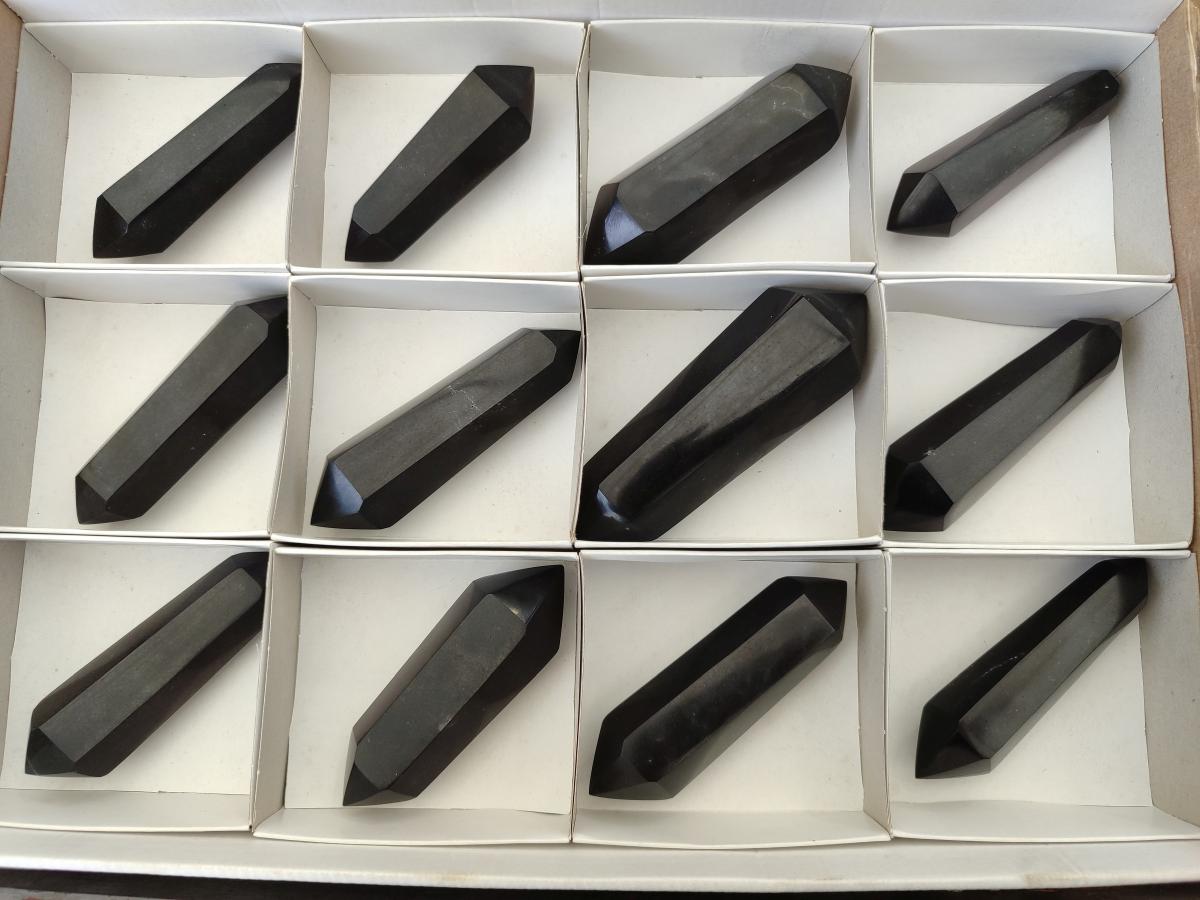 Polished Double Terminated Black Basalt Crystal Points x 12 From Madagascar - Toprock Gemstones and Minerals 