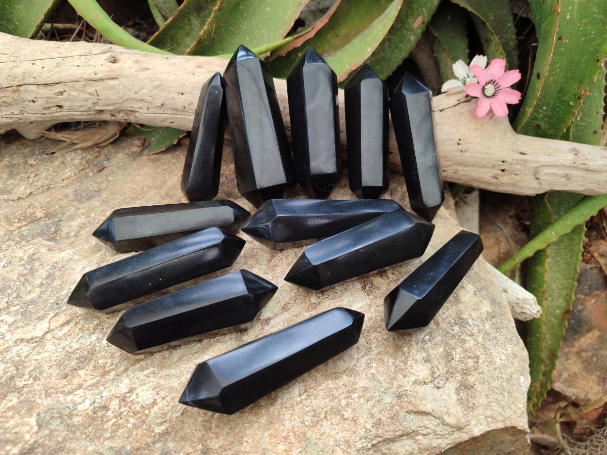 Polished Double Terminated Black Basalt Crystal Points x 12 From Madagascar - Toprock Gemstones and Minerals 