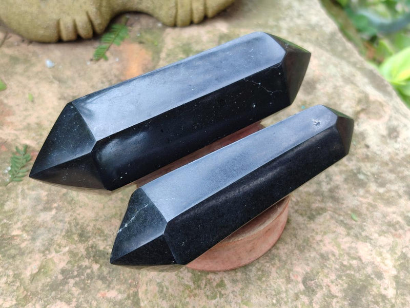 Polished Double Terminated Black Basalt Crystal Points x 12 From Madagascar - Toprock Gemstones and Minerals 