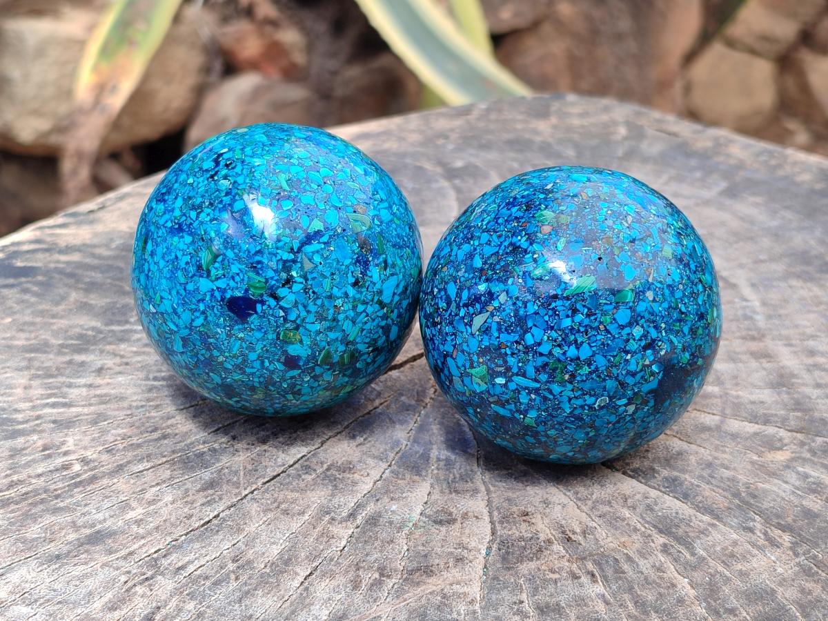 Hand Made Conglomerate Chrysocolla Spheres with Azurite and Malachite x 2 From Congo - Toprock Gemstones and Minerals 