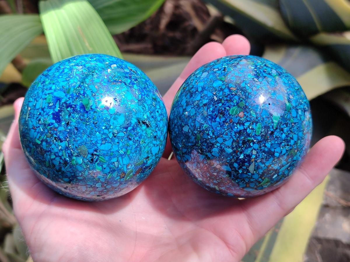 Hand Made Conglomerate Chrysocolla Spheres with Azurite and Malachite x 2 From Congo - Toprock Gemstones and Minerals 
