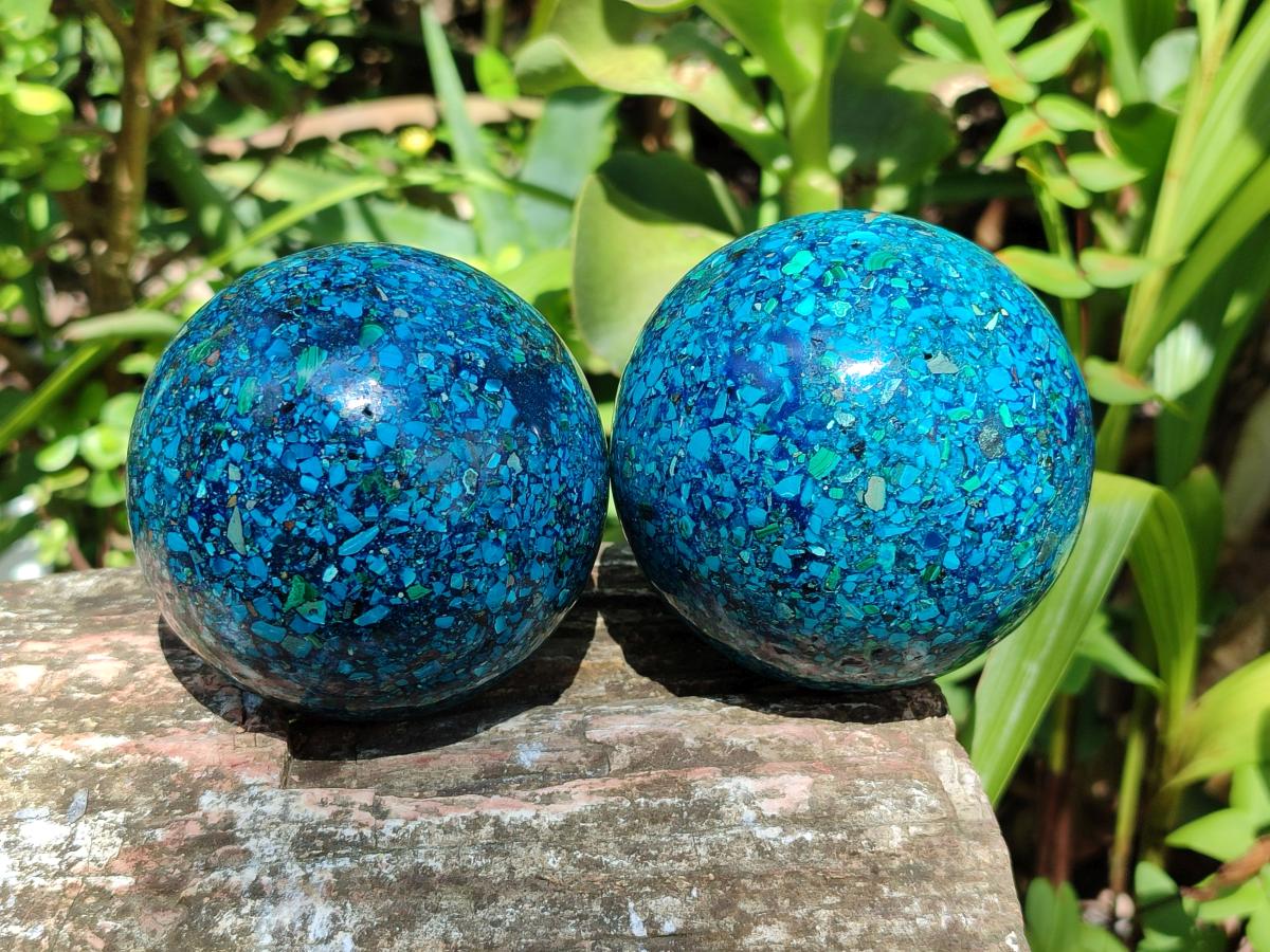 Hand Made Conglomerate Chrysocolla Spheres with Azurite and Malachite x 2 From Congo - Toprock Gemstones and Minerals 