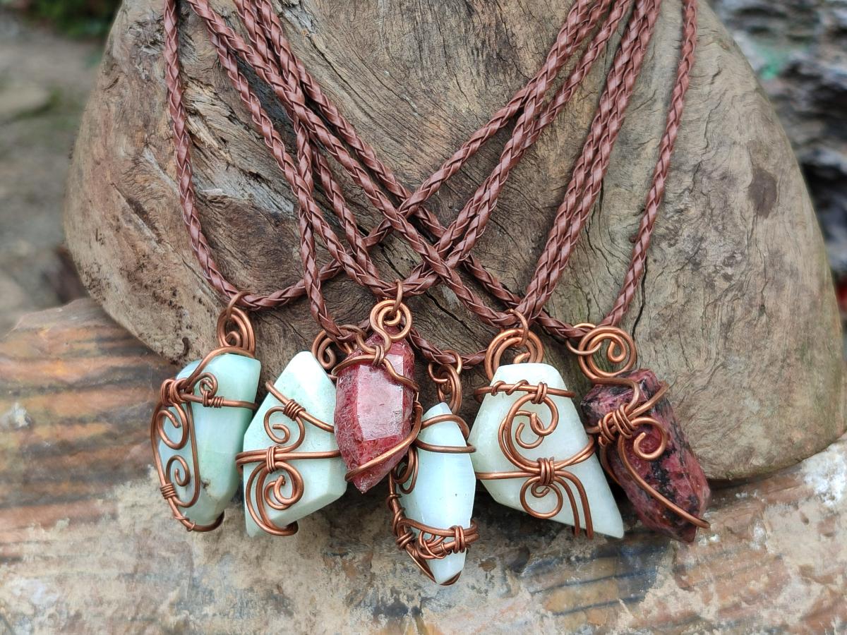 Hand Made Mixed Stone Copper Wire Wrapped Pendants x 6 From Congo - Toprock Gemstones and Minerals 