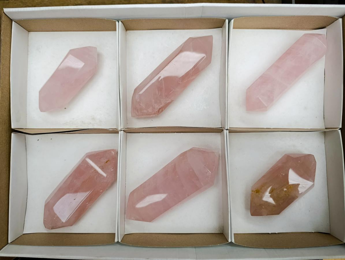 Polished Double Terminated Gemmy Rose Quartz Crystals x 6 From Madagascar - Toprock Gemstones and Minerals 