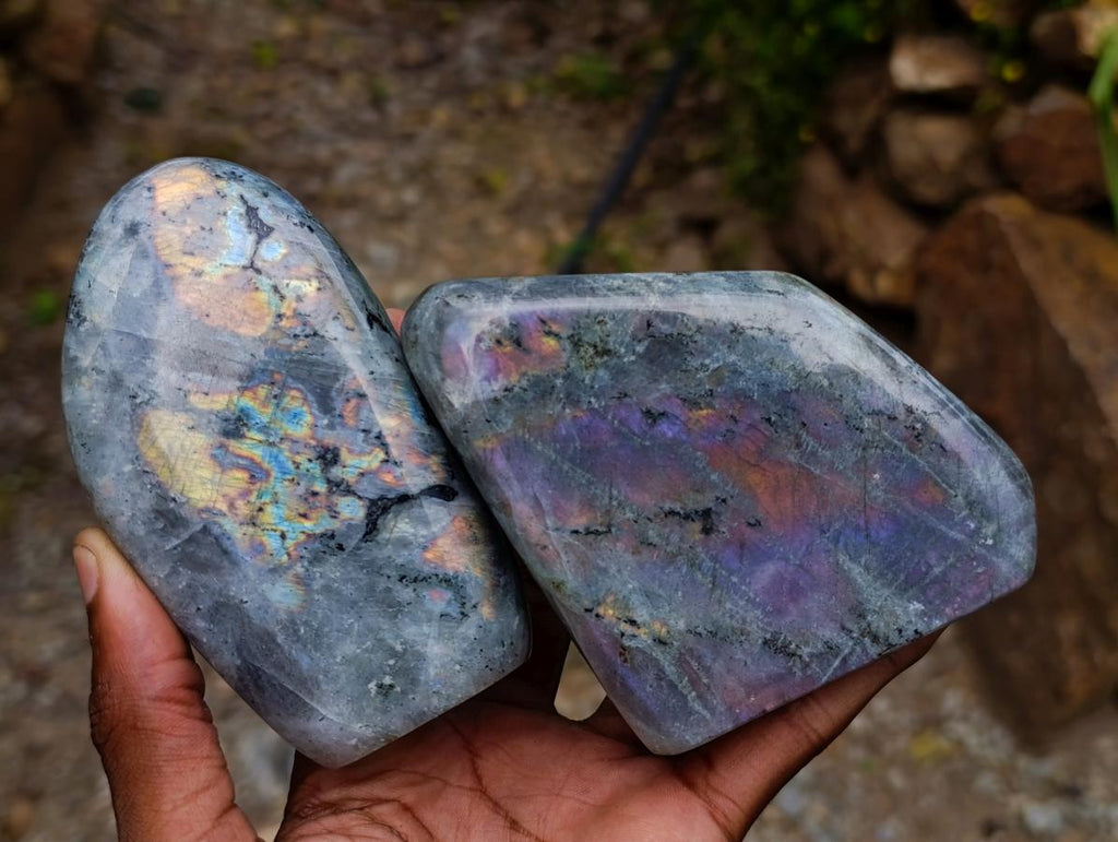 Polished Rare Purple Sunset Flash Labradorite Standing Free Forms x 3 From Madagascar - Toprock Gemstones and Minerals 