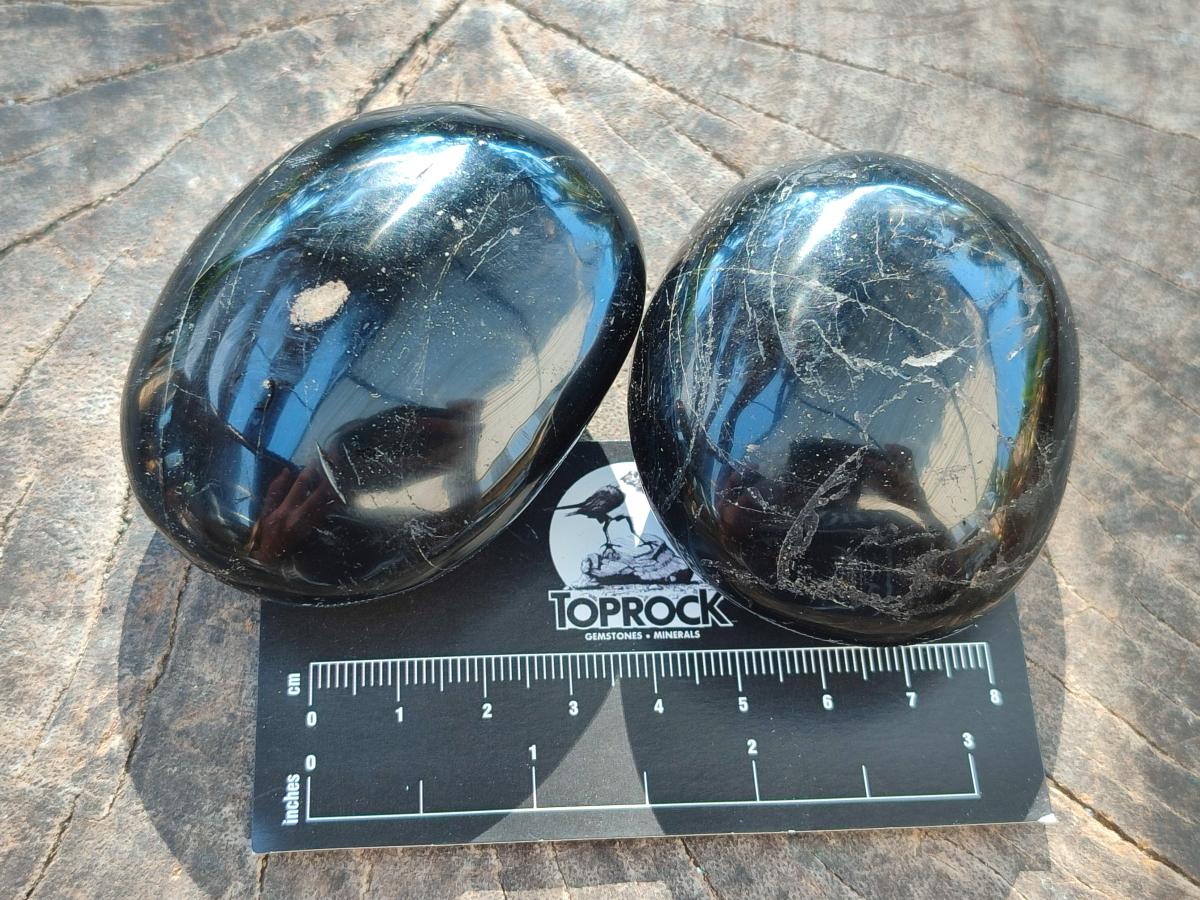 Polished Black Tourmaline Galets x 12 From Madagascar - Toprock Gemstones and Minerals 