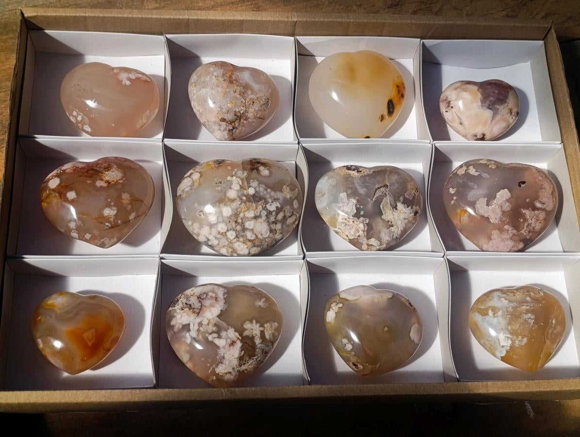 Polished Flower Agate Hearts x 12 From Antsahalova, Madagascar - Toprock Gemstones and Minerals 