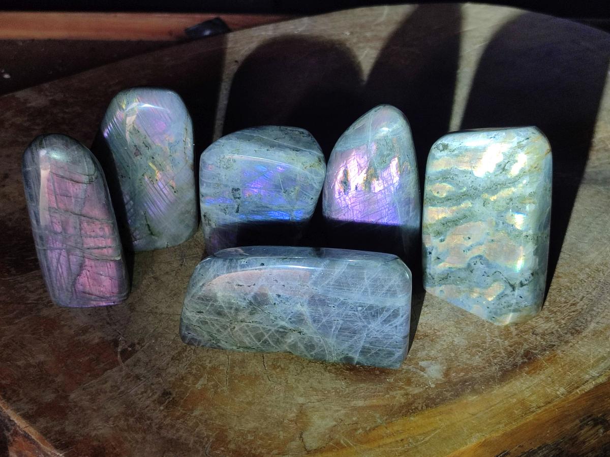 Polished Rare Purple Sunset Flash Labradorite Standing Free Forms x 6 From Madagascar - Toprock Gemstones and Minerals 