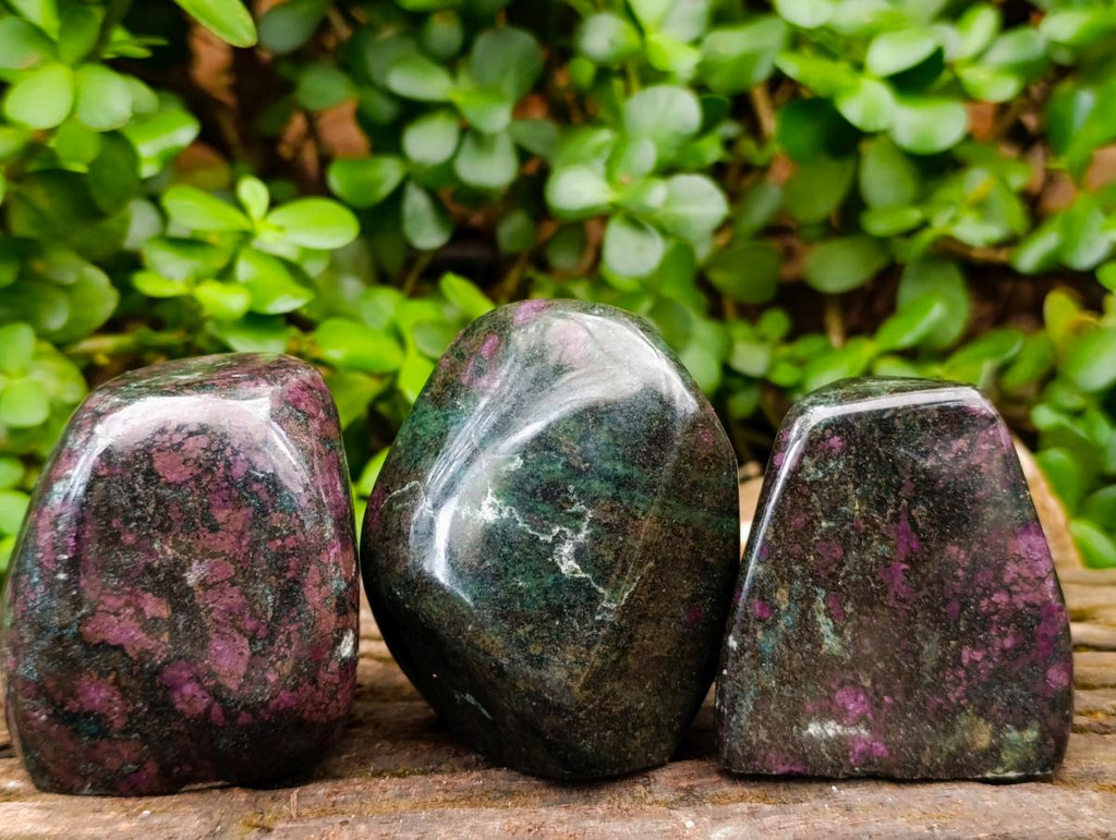 Polished Ruby Corundum In Chrome Verdite Standing Free Forms x 3 From Mutoko, Zimbabwe - Toprock Gemstones and Minerals 