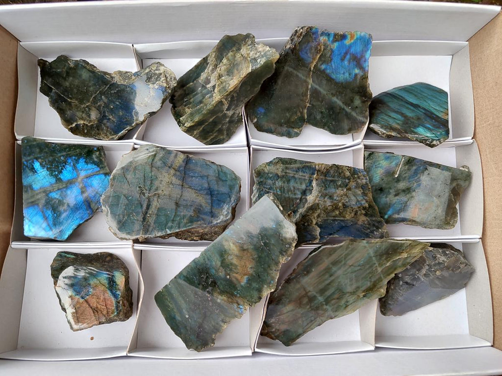 Polished One Side Labradorite Specimens x 12 From Madagascar - Toprock Gemstones and Minerals 