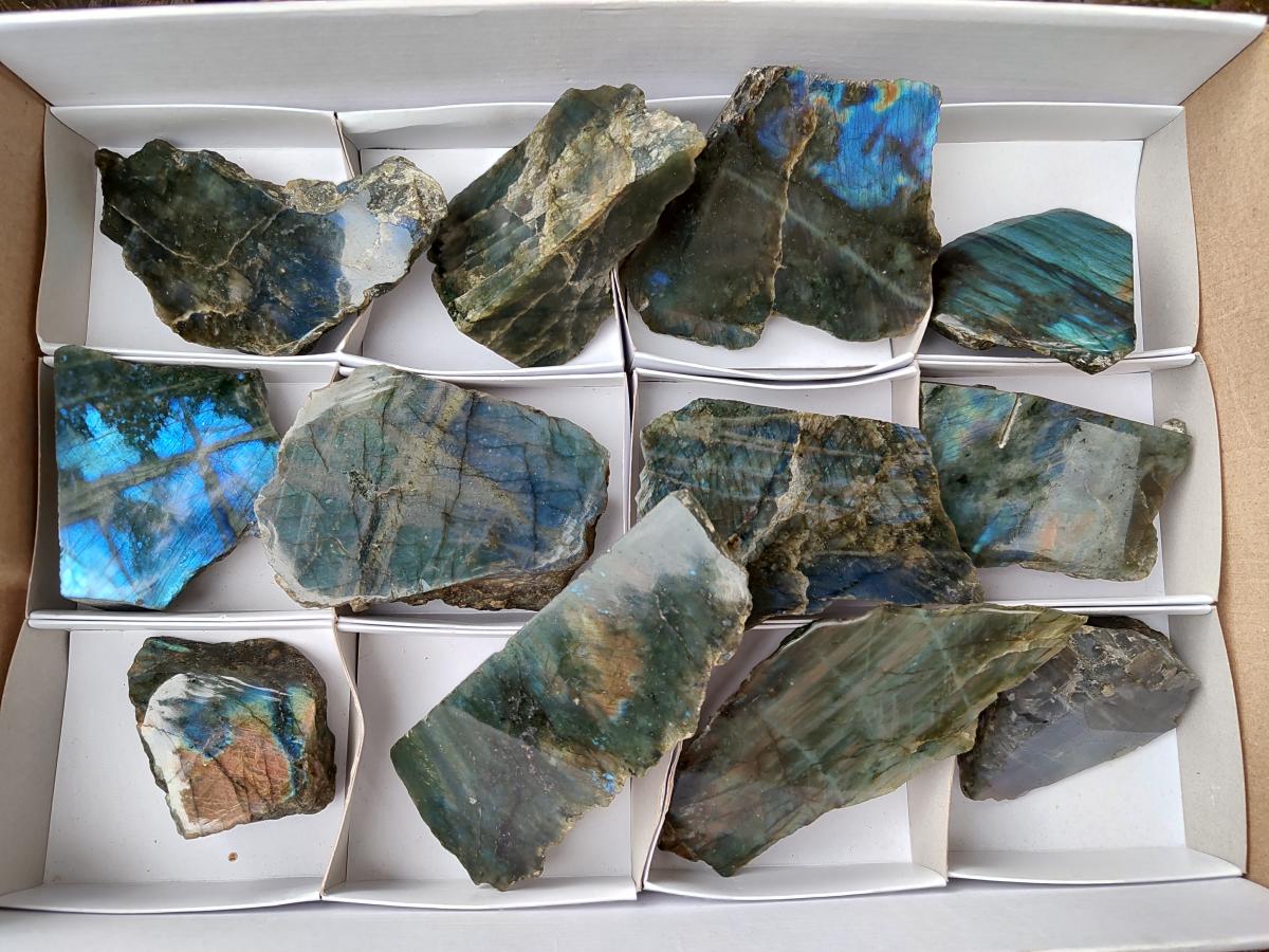 Polished One Side Labradorite Specimens x 12 From Madagascar - Toprock Gemstones and Minerals 